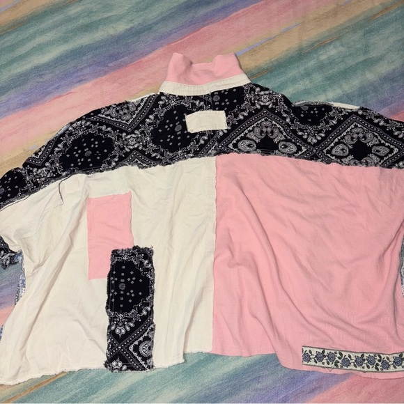 POL Patchwork chambray printed top Button Down Oversize Shirt size M - Picture 10 of 13